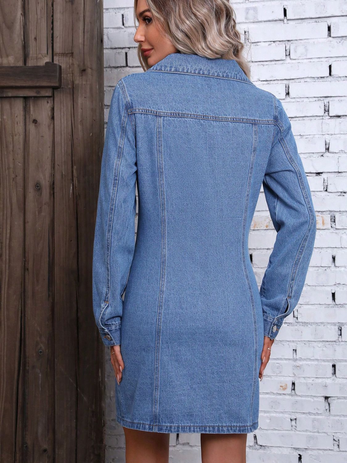 Ruched Button Up Long Sleeve Denim Dress