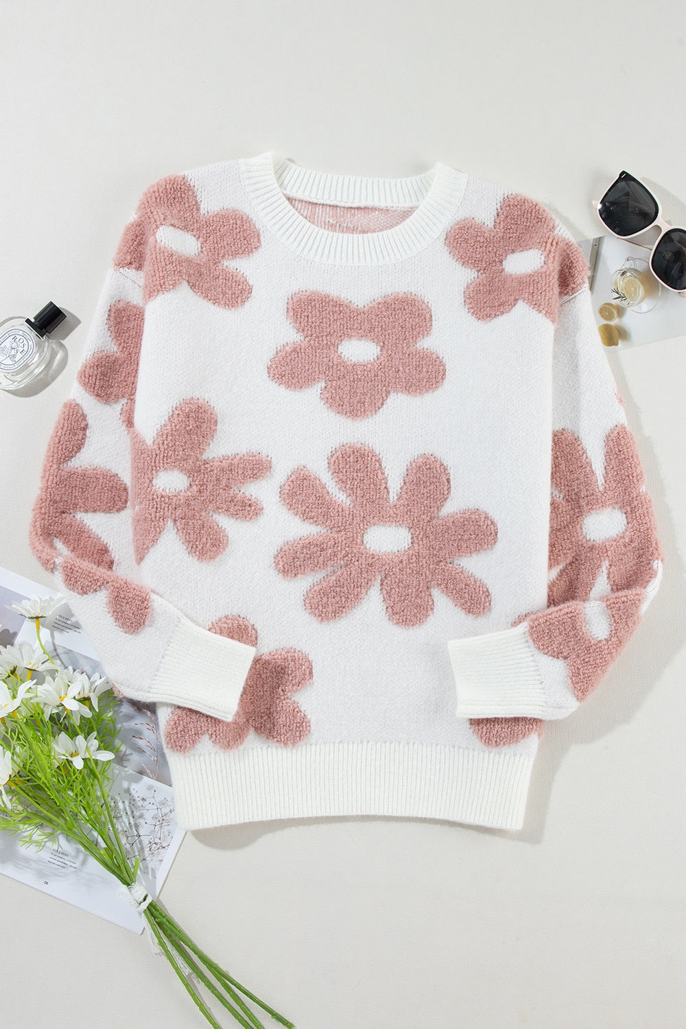 Flower Round Neck Long Sleeve Knit Top