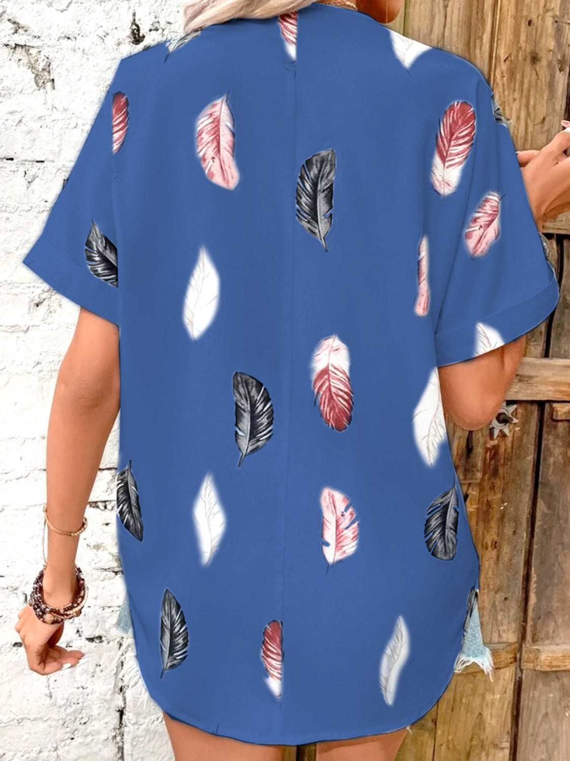 Full Size Printed Collared Neck Short Sleeve Blouse
