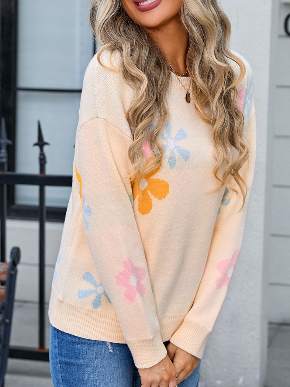 Flower Round Neck Dropped Shoulder Sweater