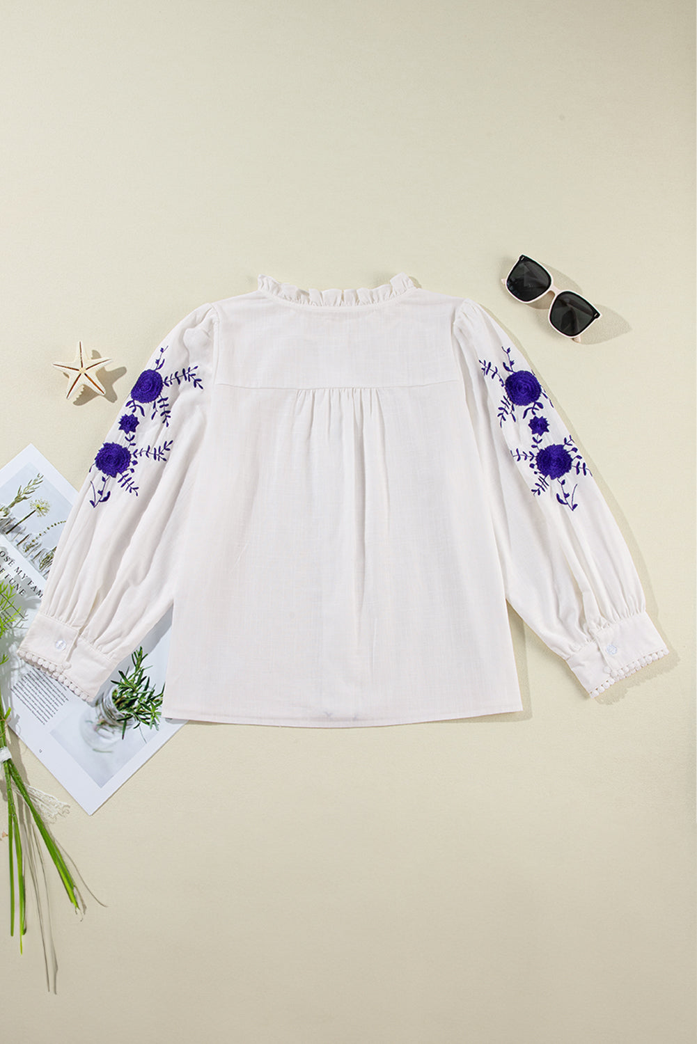 Embroidered Round Neck Long Sleeve Blouse