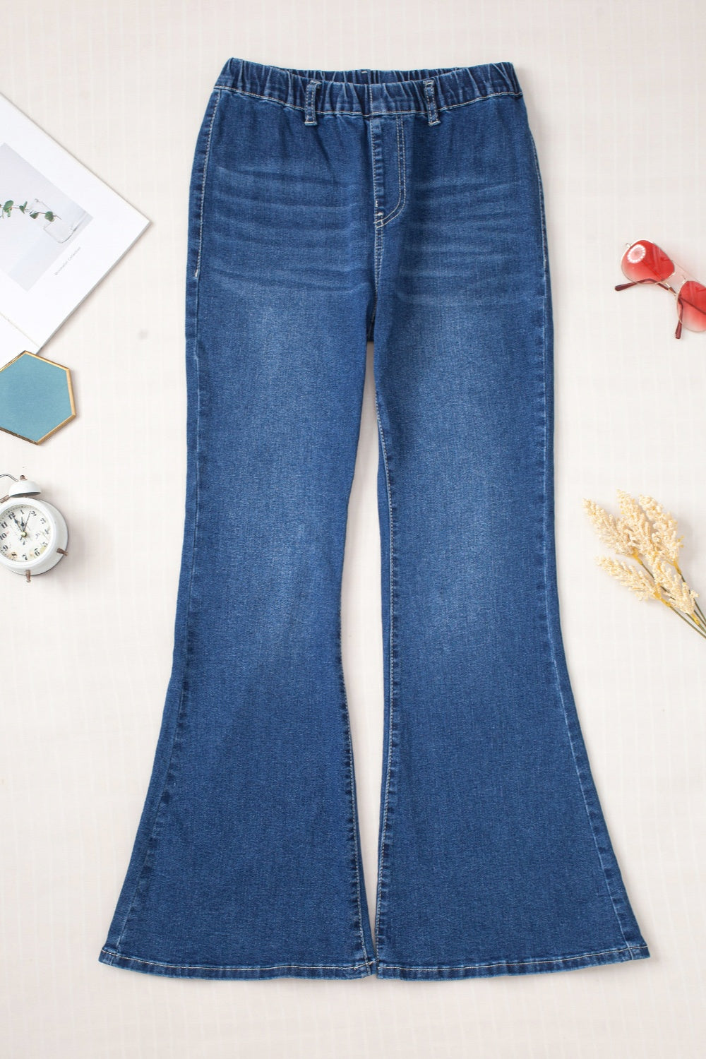 Elastic Waist Bootcut Jeans with Pockets