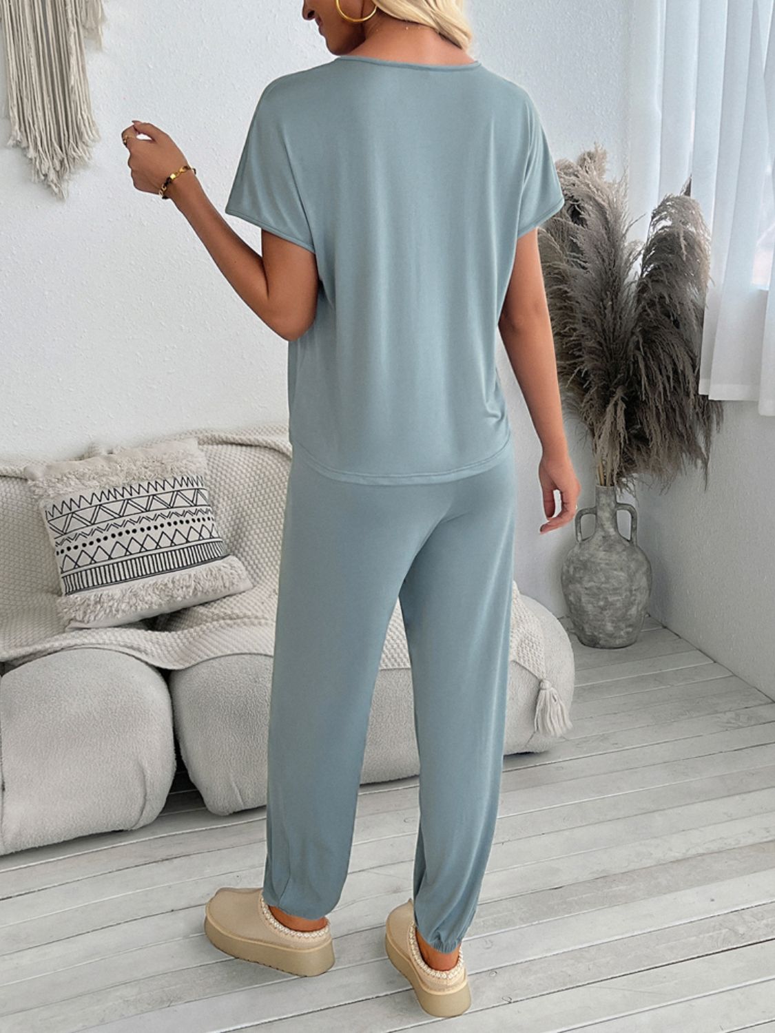 Devine V-Neck Short Sleeve Top and Pants Set