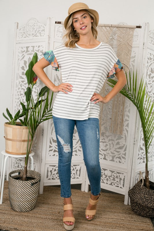 PLUS STRIPE JERSEY FLORAL MIXED TOP