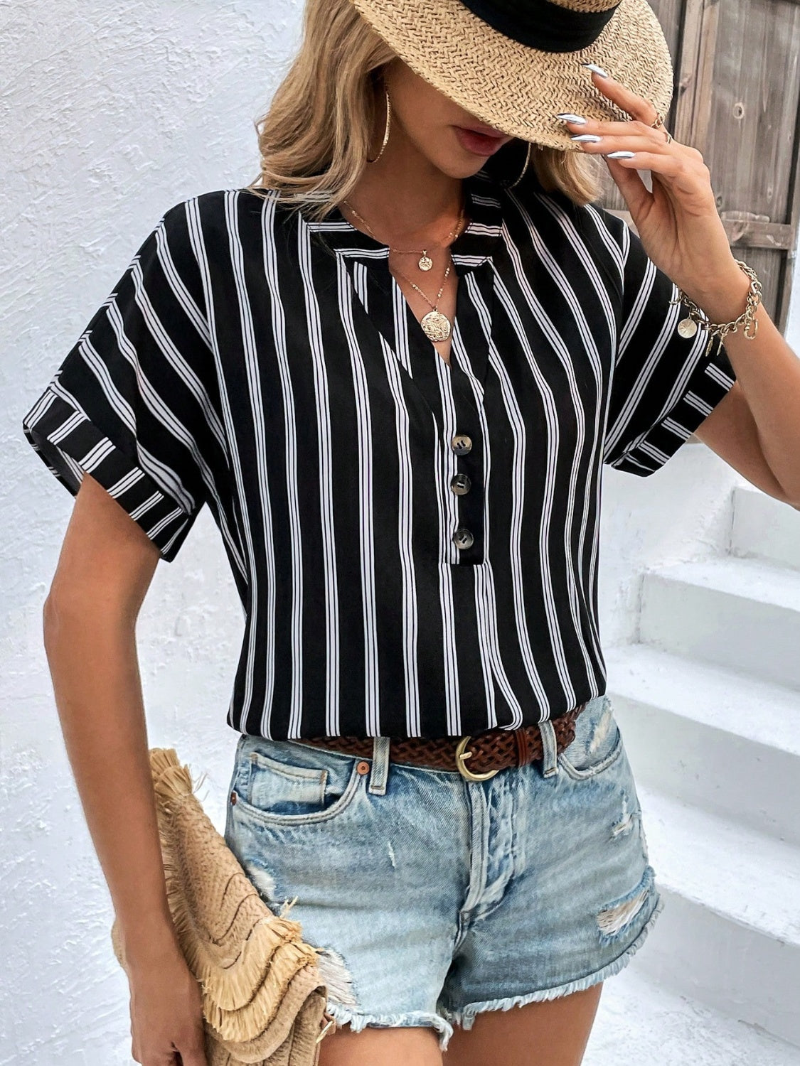 Striped Notched Short Sleeve Blouse