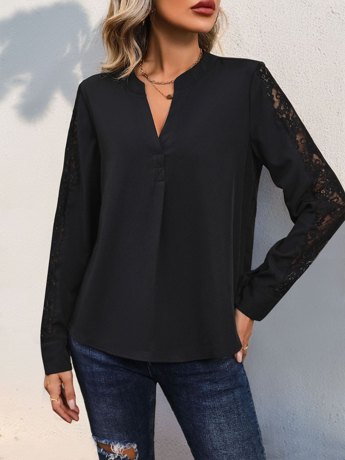 Notched Lace Long Sleeve Blouse