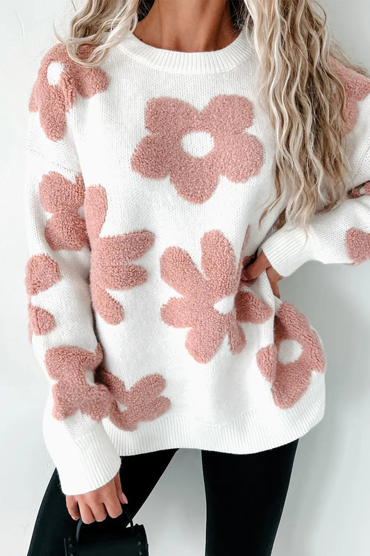 Flower Round Neck Long Sleeve Knit Top