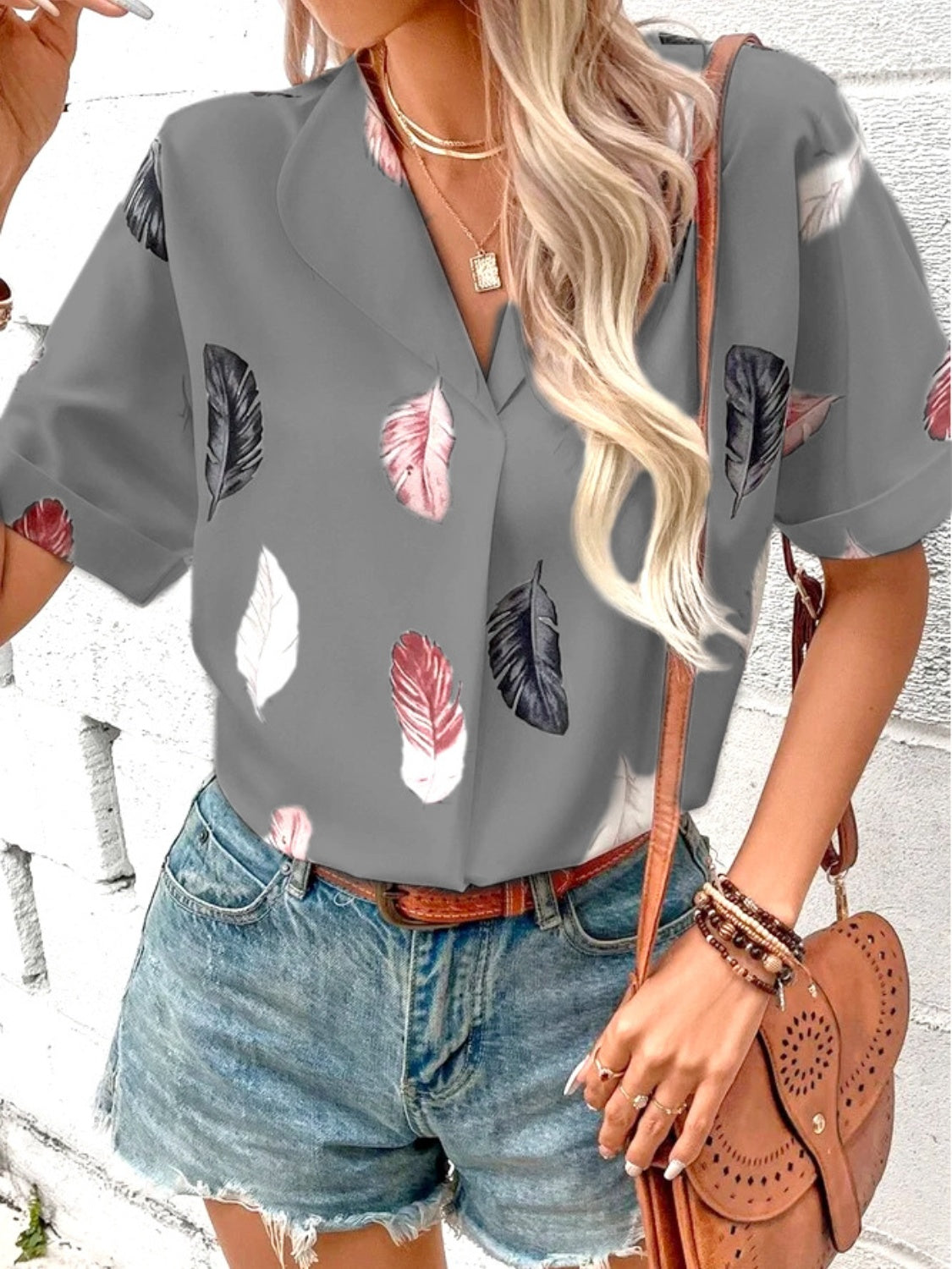 Full Size Printed Collared Neck Short Sleeve Blouse