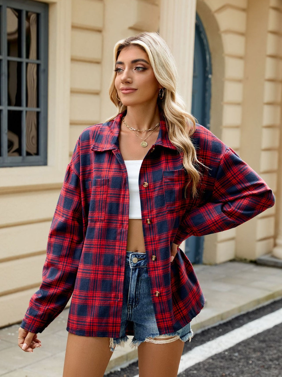 Plaid Collared Neck Long Sleeve Shirt