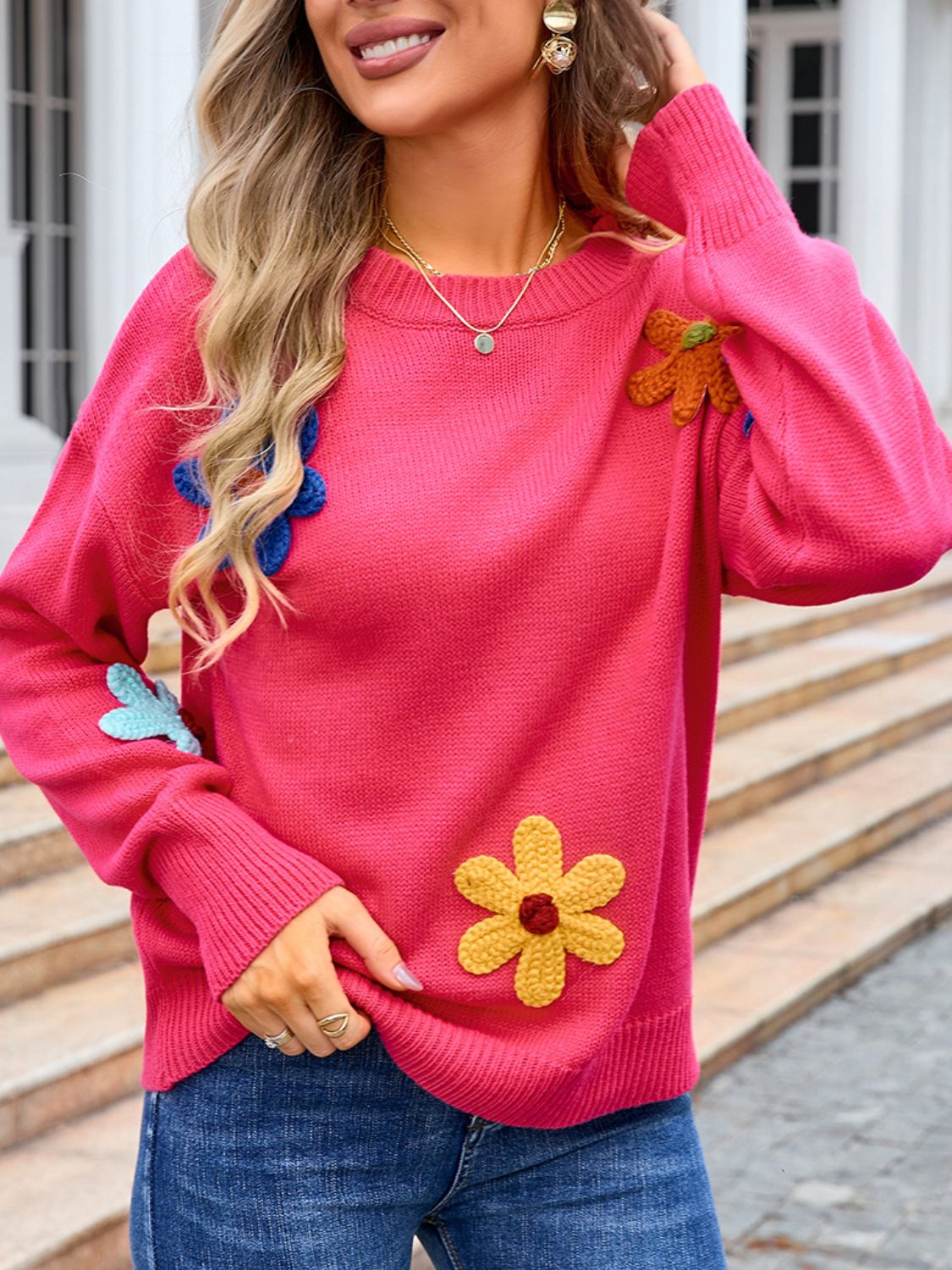 Crochet Flower Round Neck Sweater