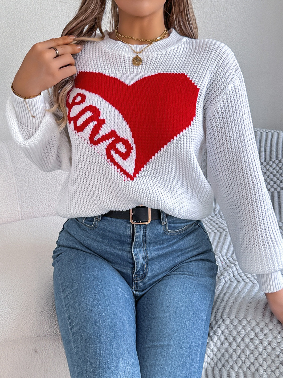 LOVE Heart Round Neck Dropped Shoulder Sweater