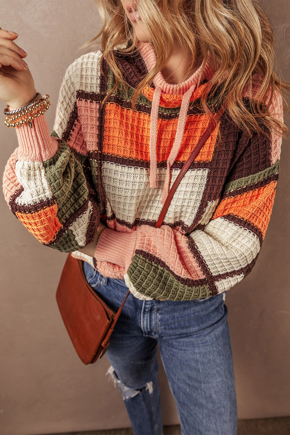 Drawstring Color Block Long Sleeve Sweater