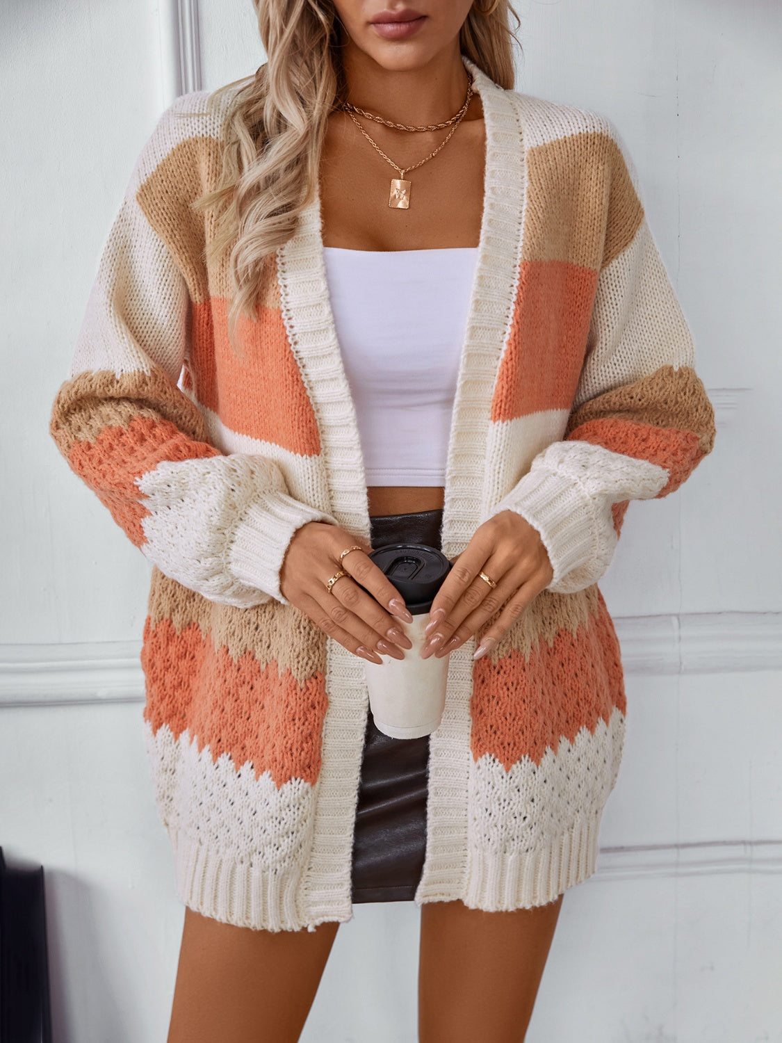 Contrast Open Front Long Sleeve Cardigan