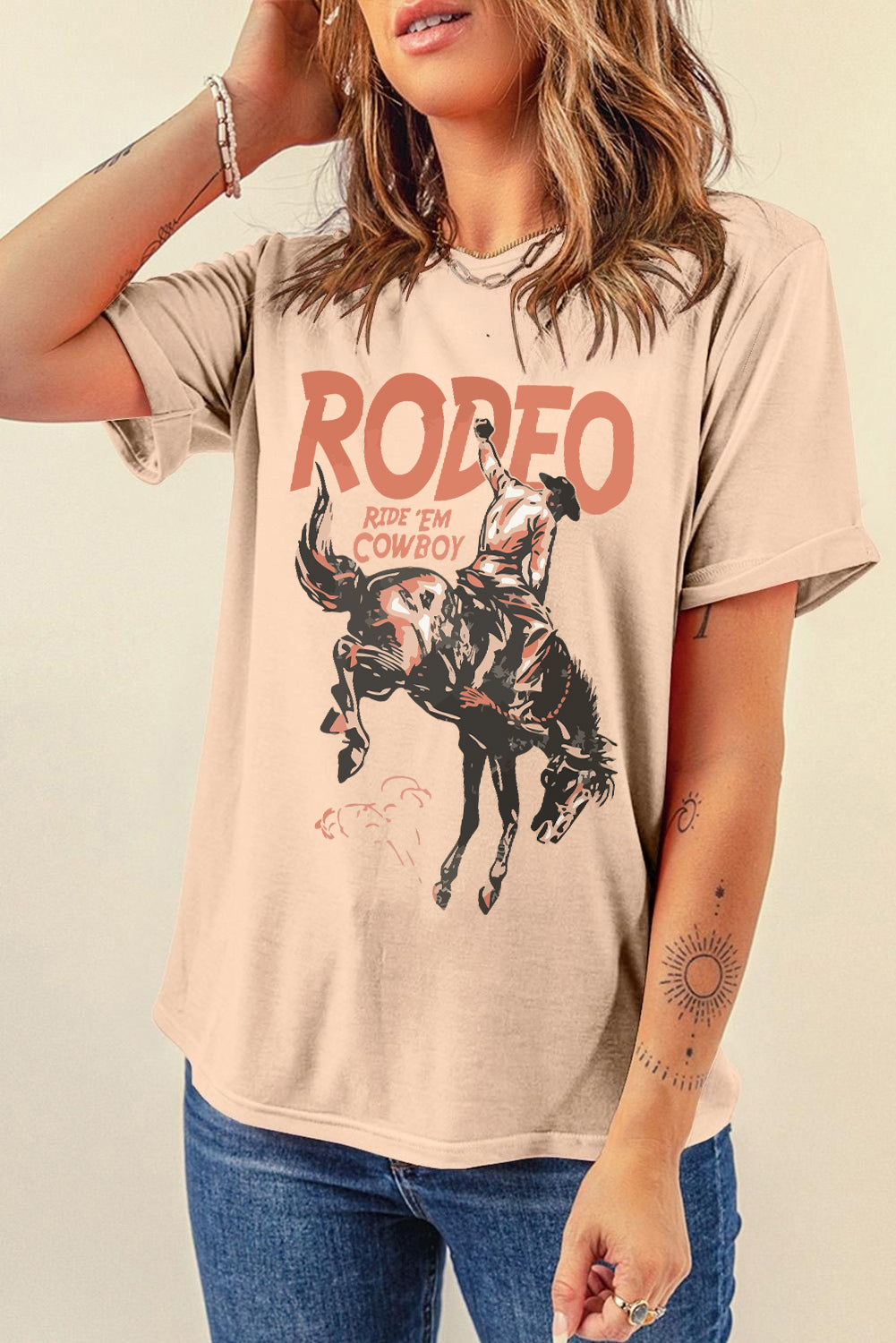 Cowboy Graphic Round Neck Short Sleeve T-Shirt