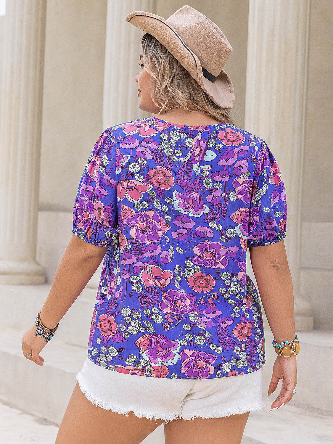 Plus Size Printed Notched Short Sleeve Blouse