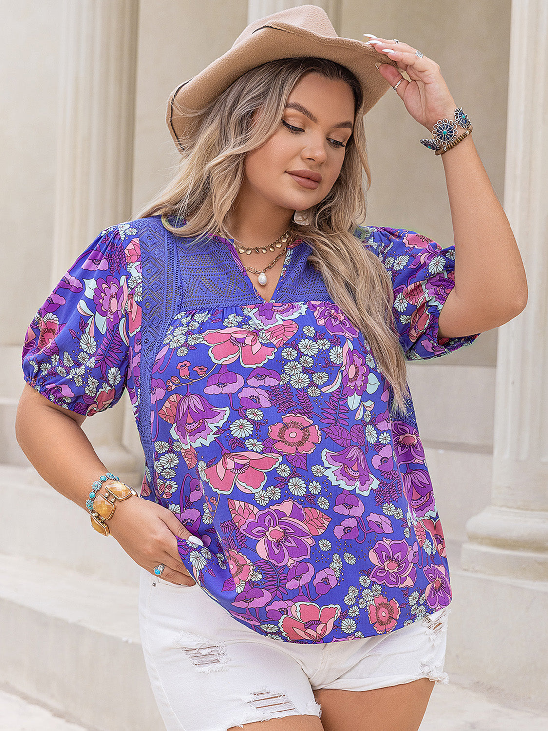 Plus Size Printed Notched Short Sleeve Blouse