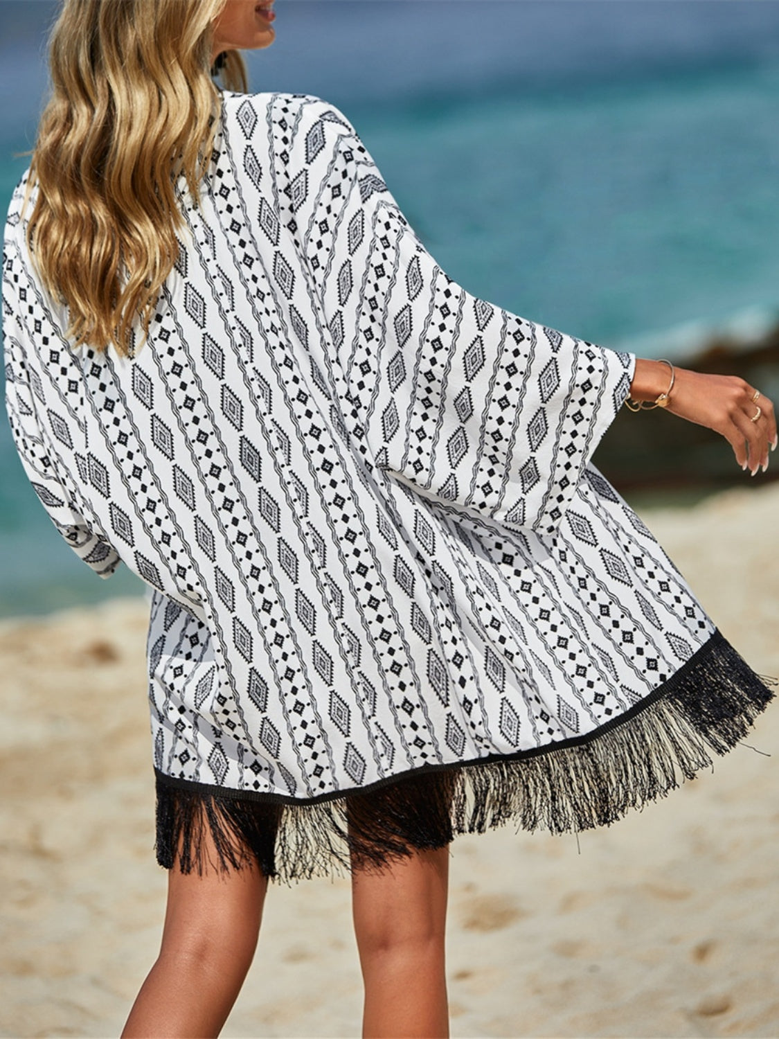 Fringe Geometric Open Front Cover Up