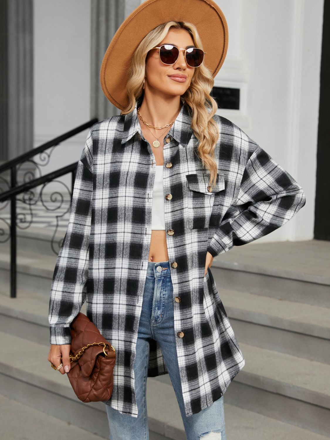 Plaid Collared Neck Long Sleeve Shirt