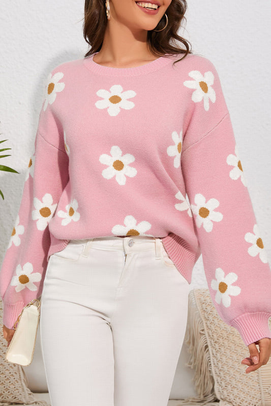 Flower Round Neck Dropped Shoulder Sweater