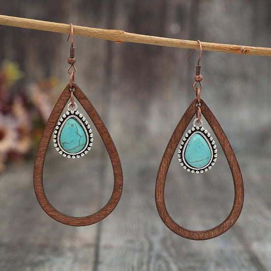 Wooden Turquoise Cutout Teardrop Earrings