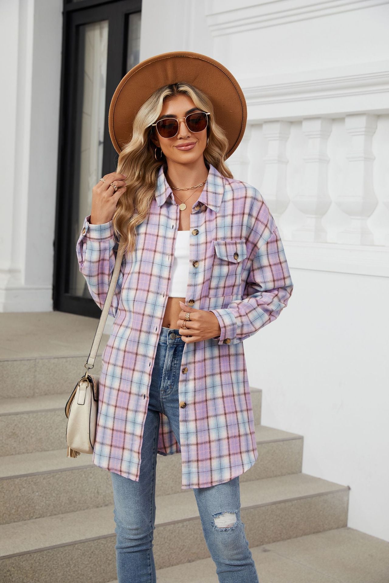 Plaid Collared Neck Long Sleeve Shirt