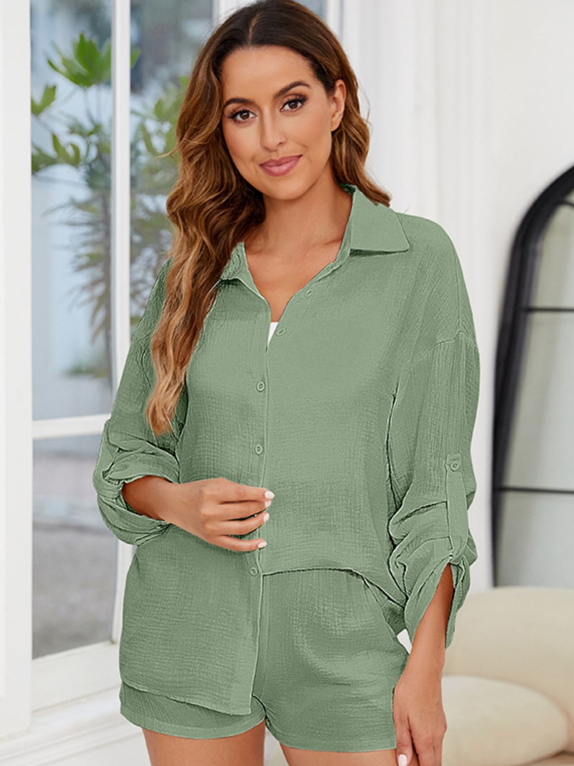 Button Up Long Sleeve Top and Shorts Set